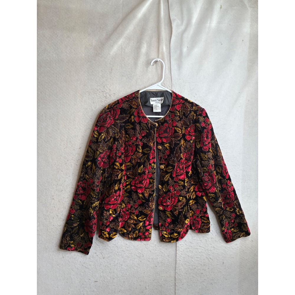 Ronni Nicole by Ouida Vintage Floral Velvet Jacket Gold Trim Red Gold Large